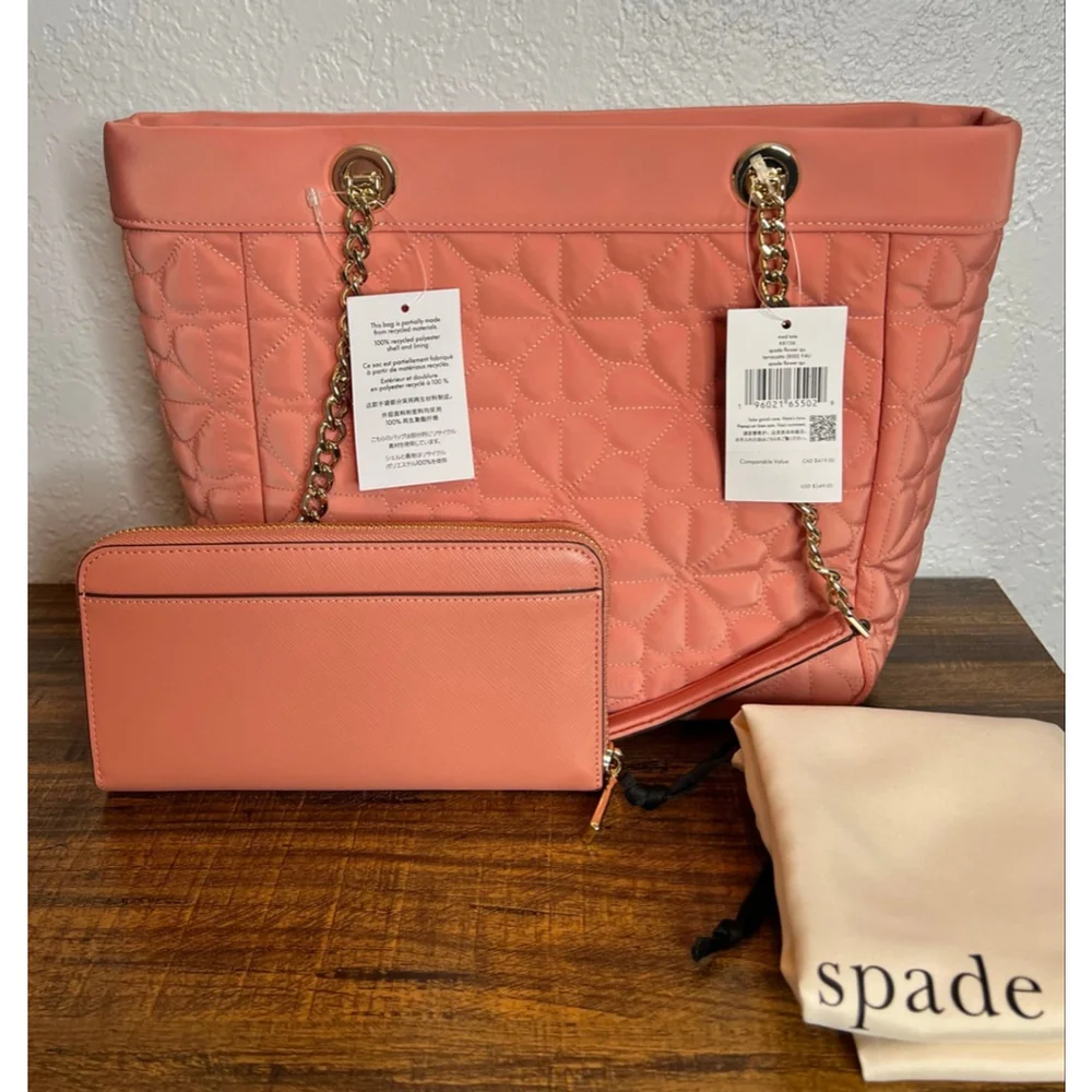 Kate Spade Flower Medium Terracotta QuiltedTote with Wallet & Dust Bag